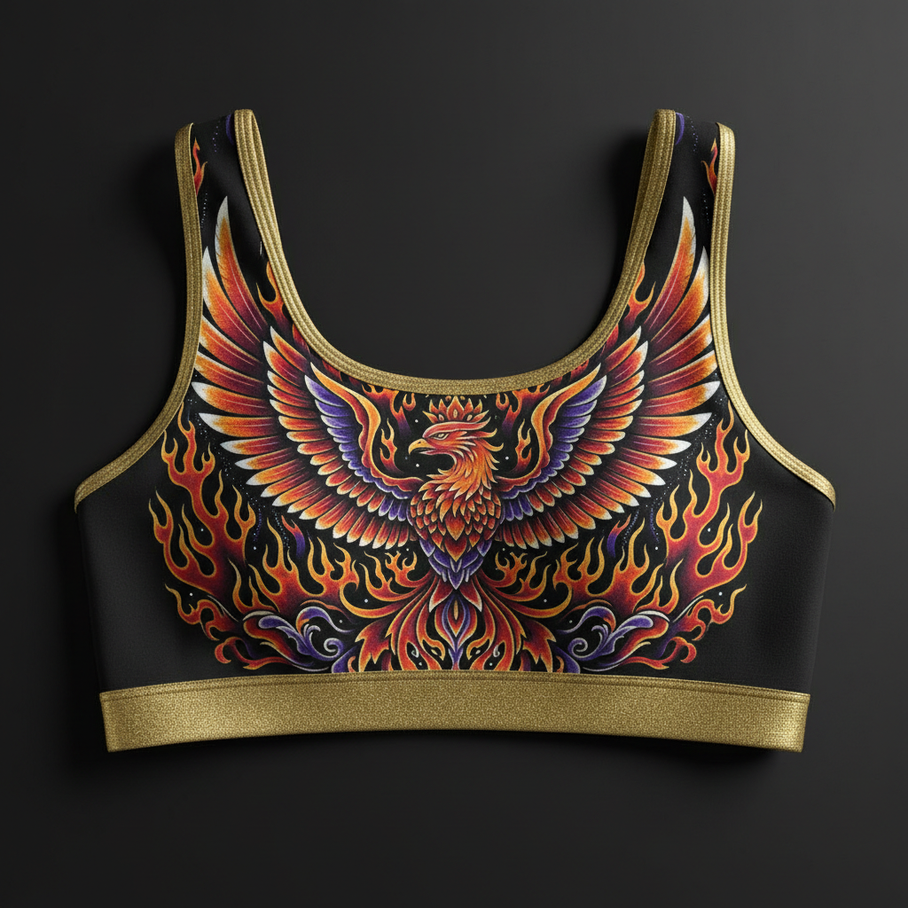 TITAN Crown Edition Women's Sports Bra — Phoenix Rising tattoo artwork on matte black fabric