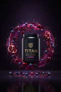 TITAN Antioxidant Protein Blend Wild Berry — vibrant berry explosion canister with blueberries, pomegranate, acai and tart cherries bursting outward