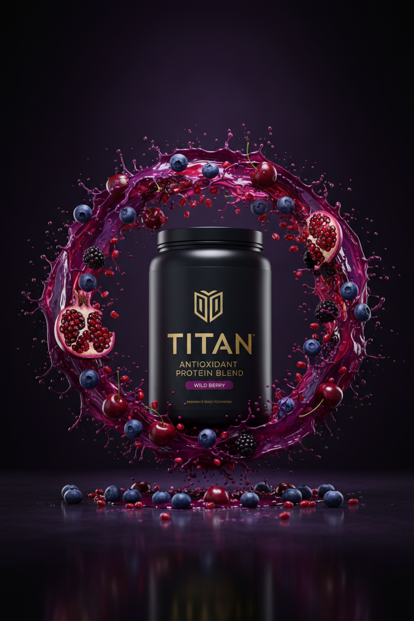 TITAN Antioxidant Protein Blend Wild Berry — vibrant berry explosion canister with blueberries, pomegranate, acai and tart cherries bursting outward