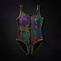 TITAN Crown Edition Women's One-Piece Swimsuit — bold tattoo artwork in jewel tones on matte black fabric