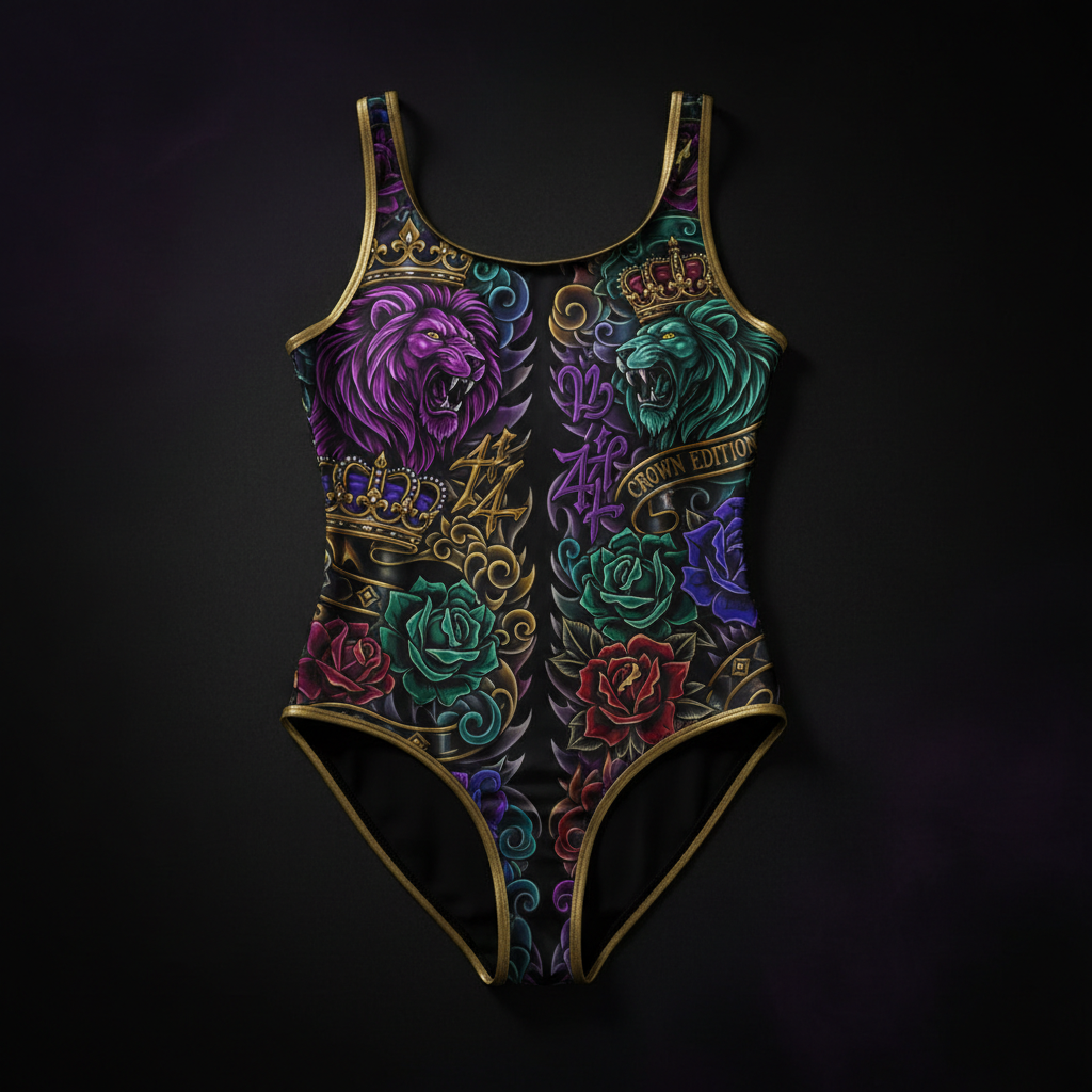 TITAN Crown Edition Women's One-Piece Swimsuit — bold tattoo artwork in jewel tones on matte black fabric