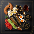 TITAN Turkish Smoked Mackerel Mezze Breakfast Spread flat lay dark luxury