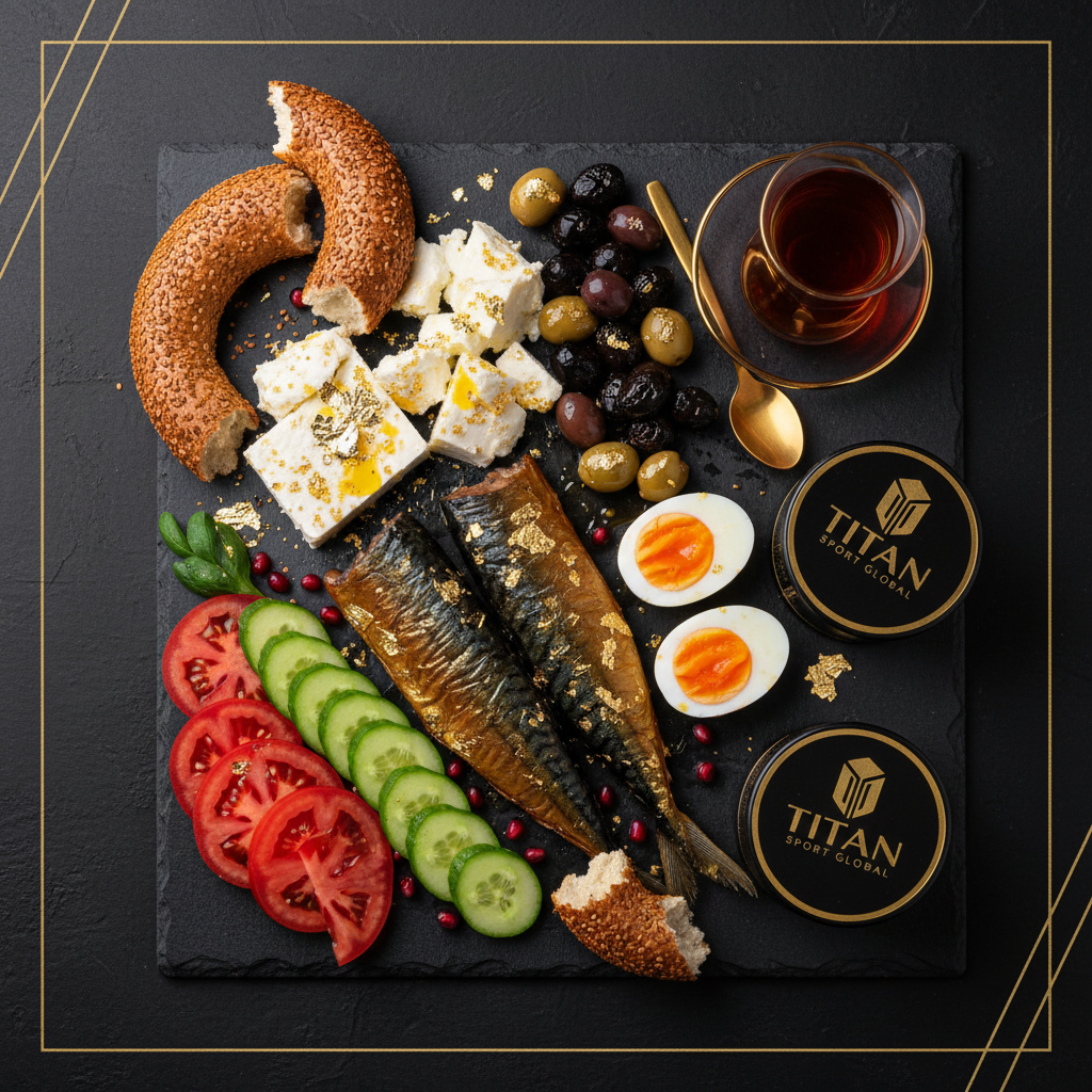 TITAN Turkish Smoked Mackerel Mezze Breakfast Spread flat lay dark luxury