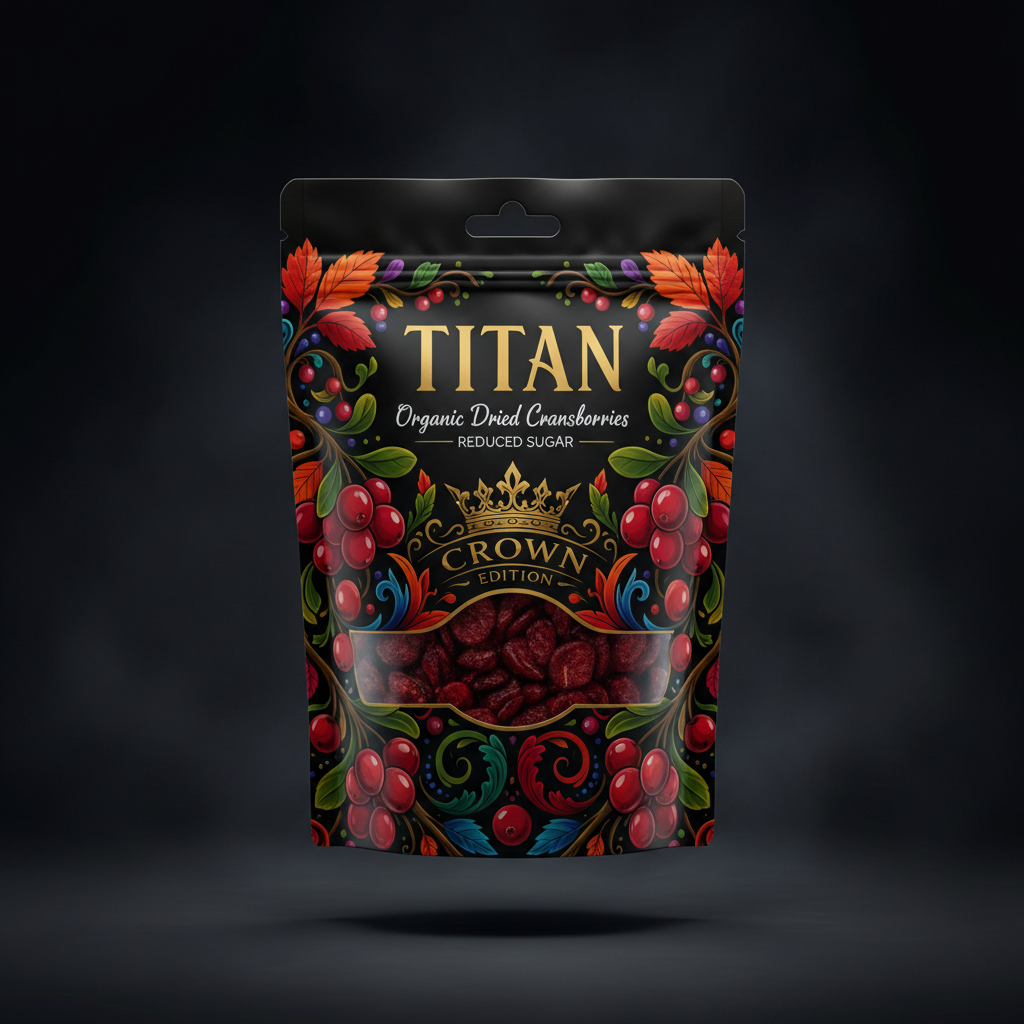 TITAN Organic Dried Cranberries — Reduced Sugar, Crown Edition tattoo-style artwork