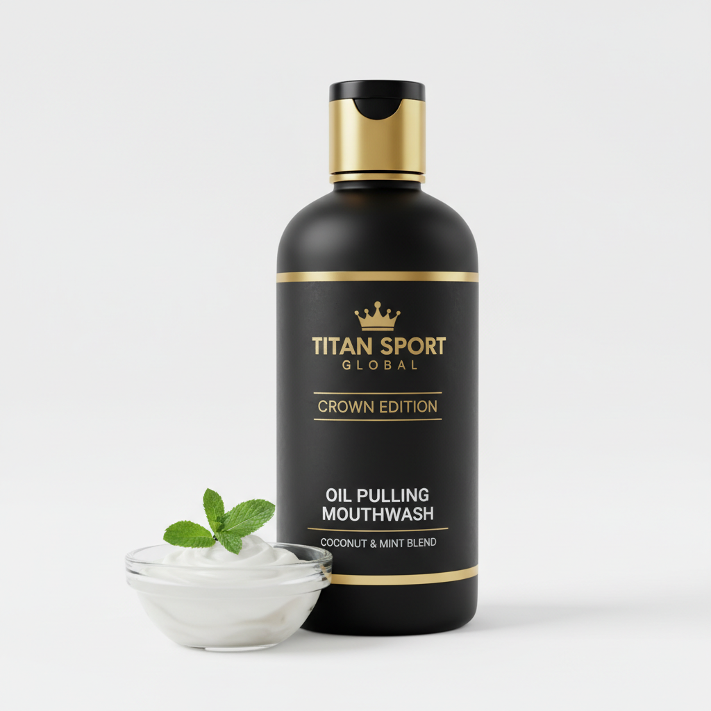 TITAN Crown Edition Coconut Oil Pulling Mouthwash — matte black glass bottle