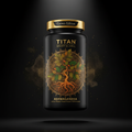 TITAN Ashwagandha KSM-66 supplement bottle with Crown Edition matte black and gold packaging featuring botanical mandala artwork in saffron orange and forest green
