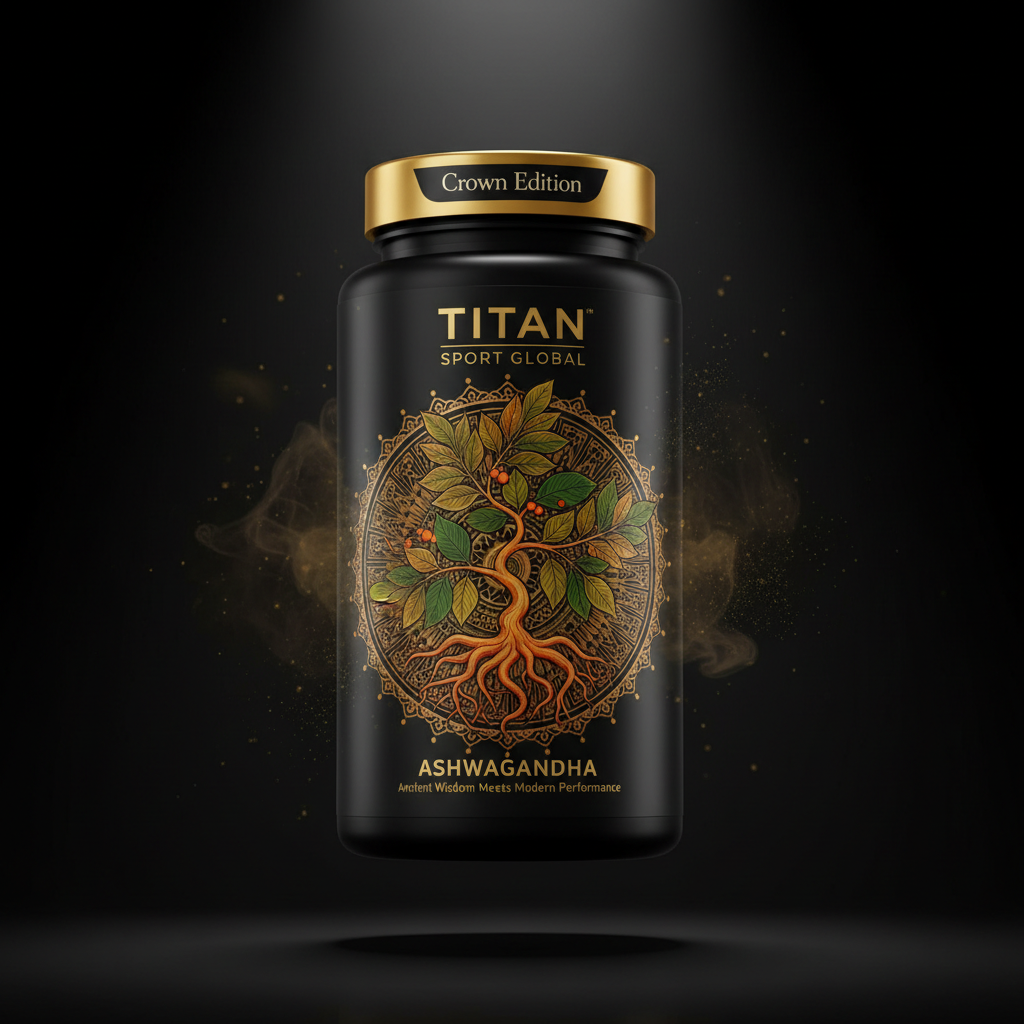 TITAN Ashwagandha KSM-66 supplement bottle with Crown Edition matte black and gold packaging featuring botanical mandala artwork in saffron orange and forest green