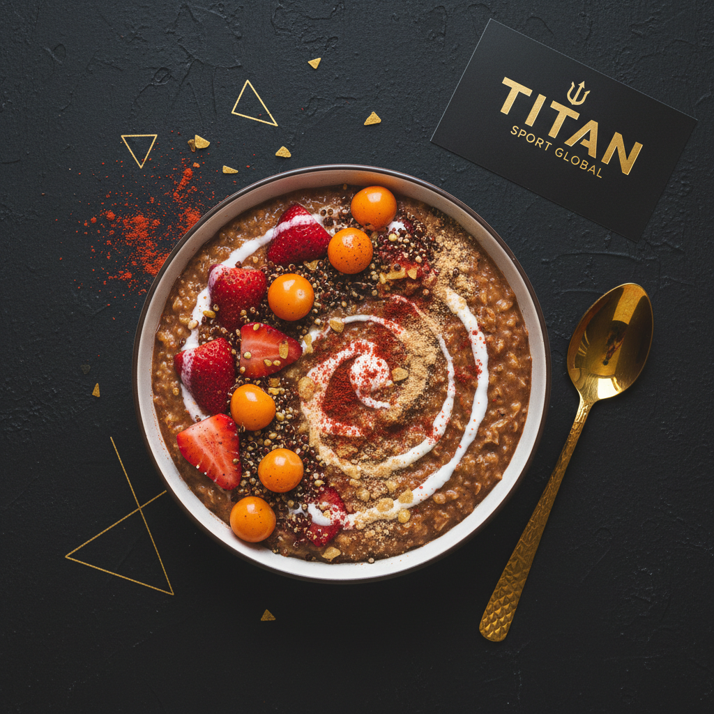 TITAN South American Goldenberry Protein Oatmeal Breakfast flat lay dark luxury