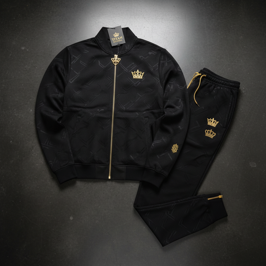 TITAN Men's Midnight Black Crown Tracksuit matching set flat lay