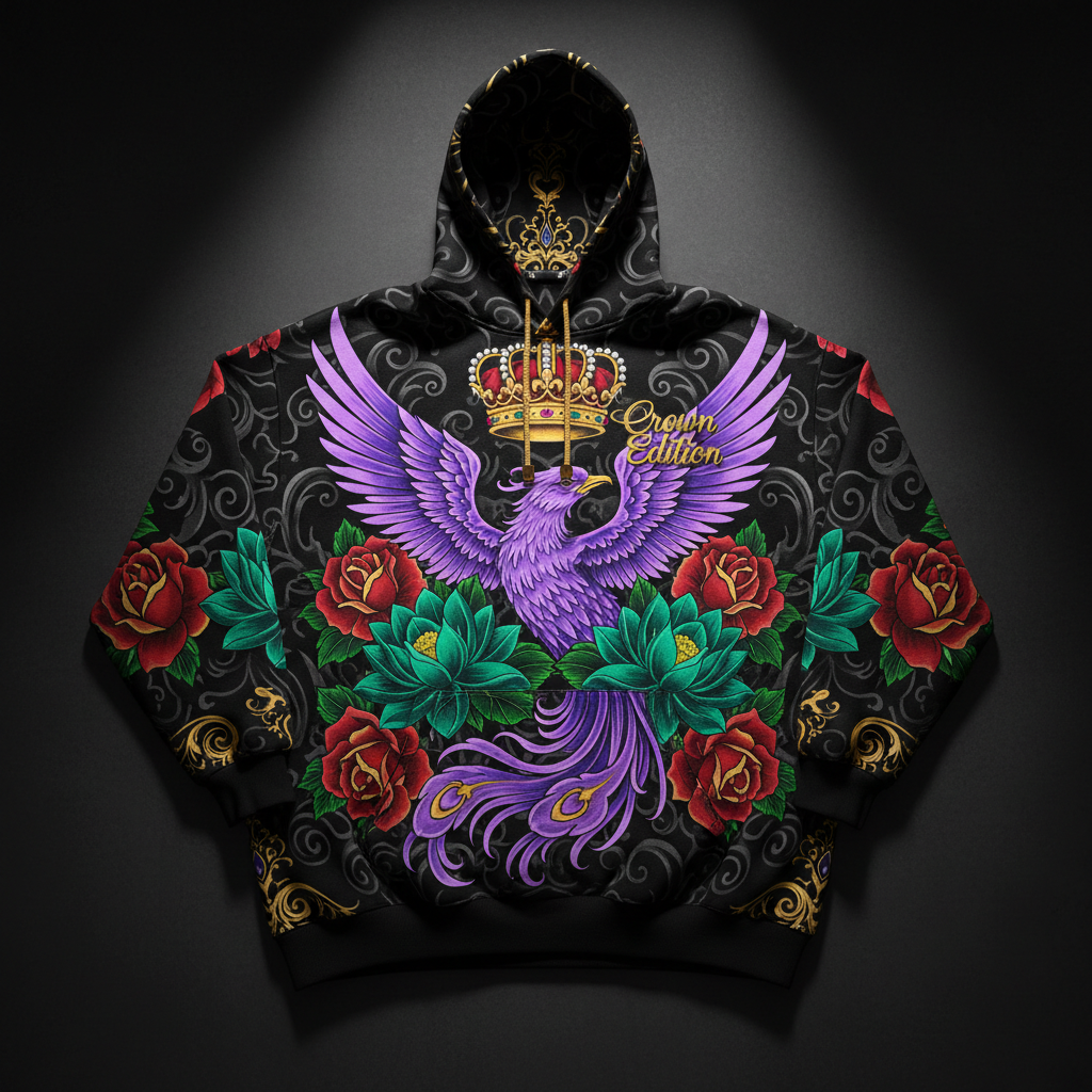 TITAN Crown Edition Tattoo Art Women's Lounge Hoodie - bold phoenix crown tattoo artwork on matte black heavyweight fleece