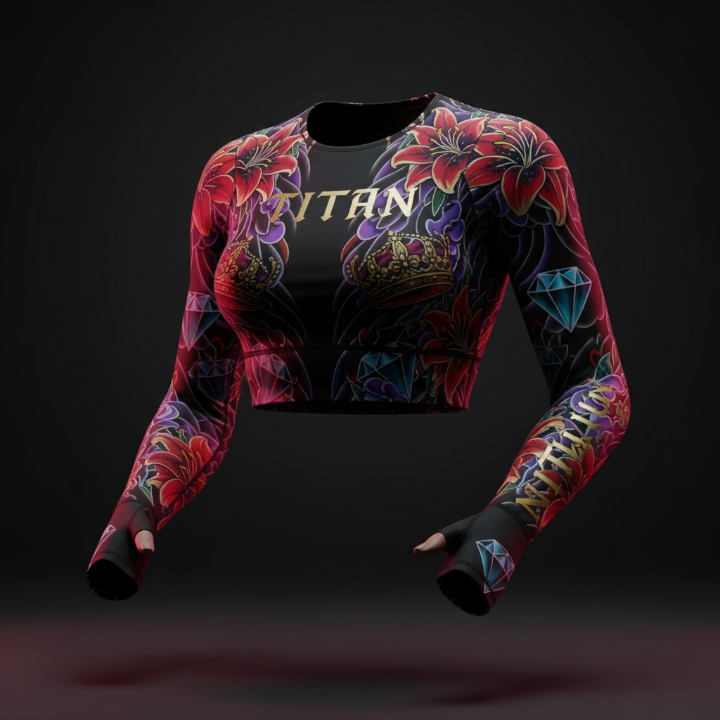 TITAN Women's Cropped Long Sleeve - Crown Edition tattoo-style artwork