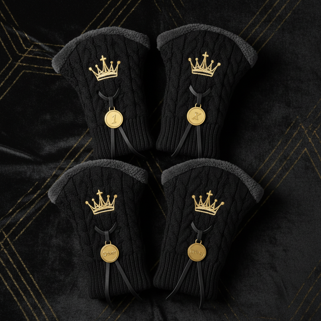 TITAN Golf Club Headcovers Set Crown Edition matte black knit gold crown embroidery numbered tags set of 4