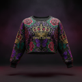 TITAN Women's Cropped Sweatshirt with rose, butterfly and crown tattoo-style Crown Edition artwork in purple, crimson and gold on matte black French terry