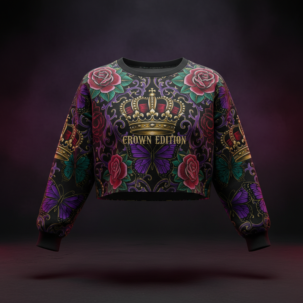TITAN Women's Cropped Sweatshirt with rose, butterfly and crown tattoo-style Crown Edition artwork in purple, crimson and gold on matte black French terry