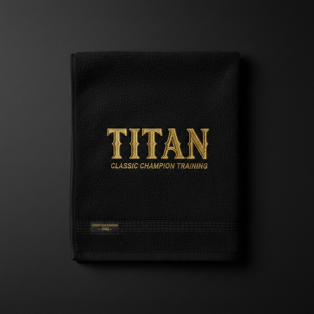TITAN Gym Towel - 1940 Champion premium black cotton with gold TITAN logo