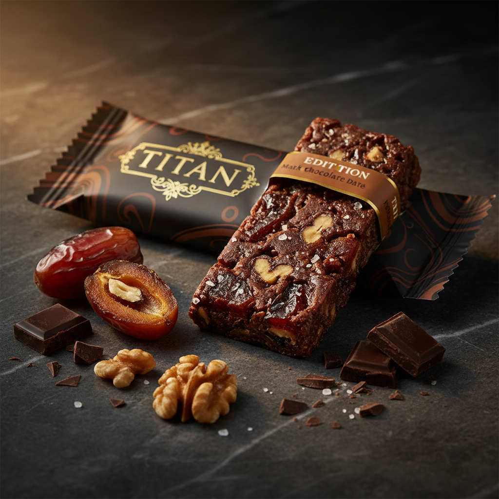 TITAN Natural Energy Bar Dark Chocolate Date Crown Edition — Medjool dates dark chocolate vegan product shot