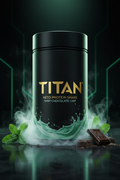 TITAN Keto Protein Shake Mint Chocolate Chip — dramatic upright canister shot with icy mint mist and dark chocolate shards