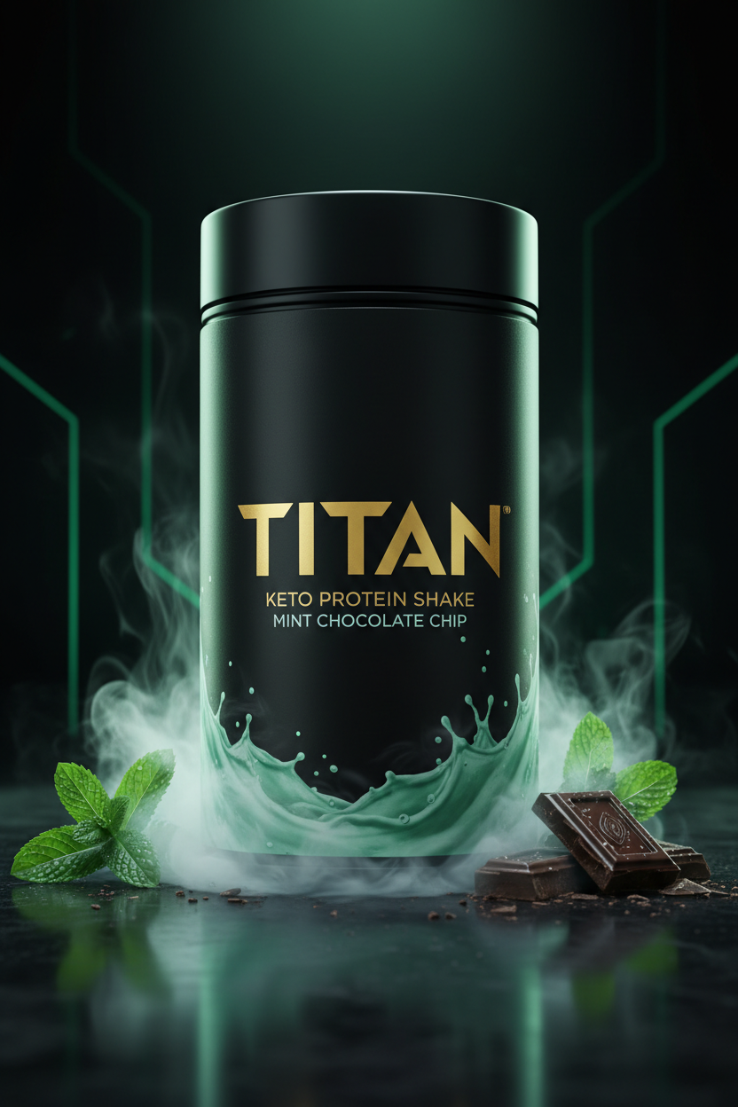 TITAN Keto Protein Shake Mint Chocolate Chip — dramatic upright canister shot with icy mint mist and dark chocolate shards