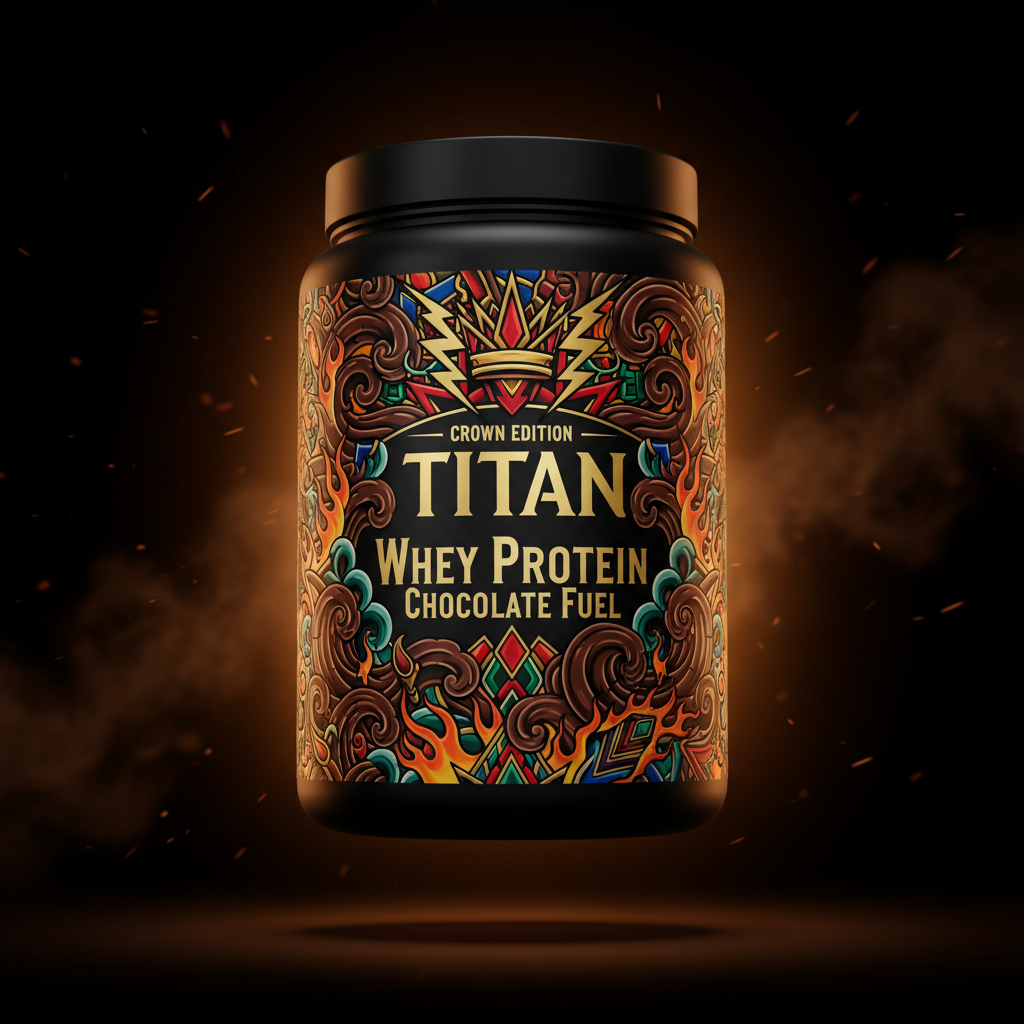 TITAN Whey Protein Chocolate Fuel - Crown Edition tattoo-style artwork