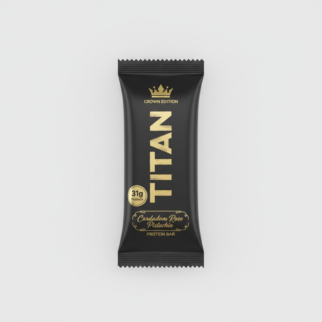 TITAN Cardamom Rose Pistachio Protein Bar Crown Edition packaging
