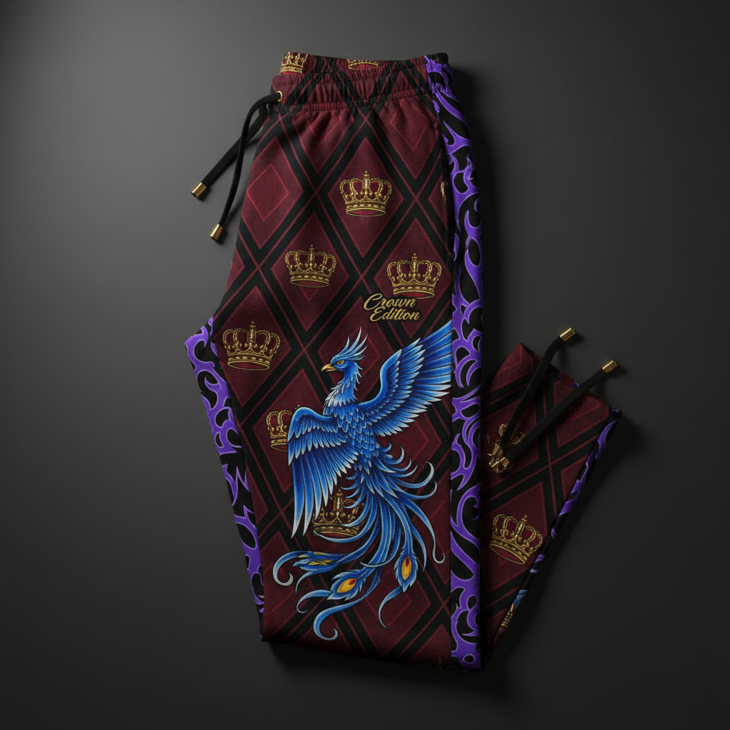 TITAN Crown Edition Tattoo Art Men's Lounge Joggers - bold diamond phoenix tattoo artwork on matte black fabric