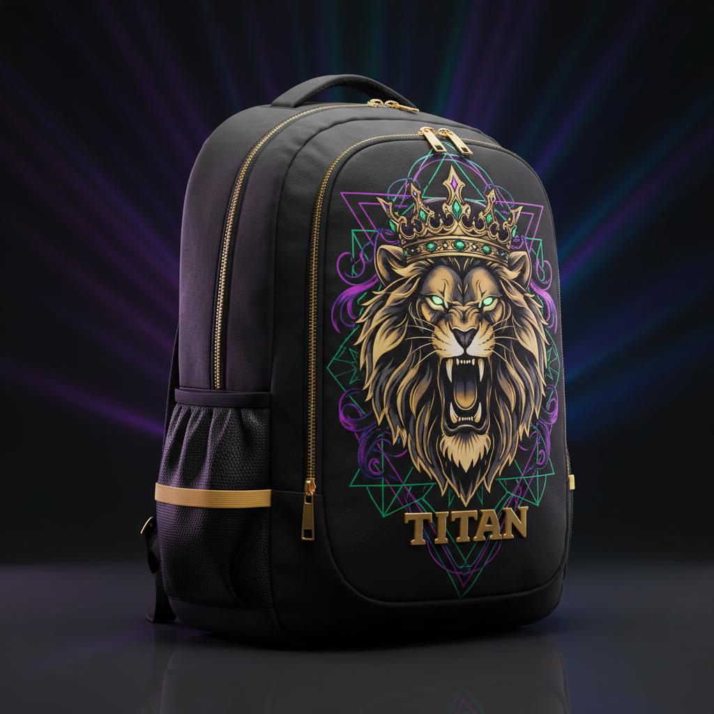 TITAN Elite Gym Backpack Black & Gold — Crowned Lion Sacred Geometry Edition