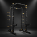 TITAN Squat Rack Power Cage — Matte black heavy-duty full cage with gold crown logo and safety bars