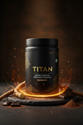 TITAN Ashwagandha Protein Powder Chocolate — powerful ancient Ayurvedic warrior canister with gnarled ashwagandha root, dark chocolate chunks and deep earthy amber warrior energy