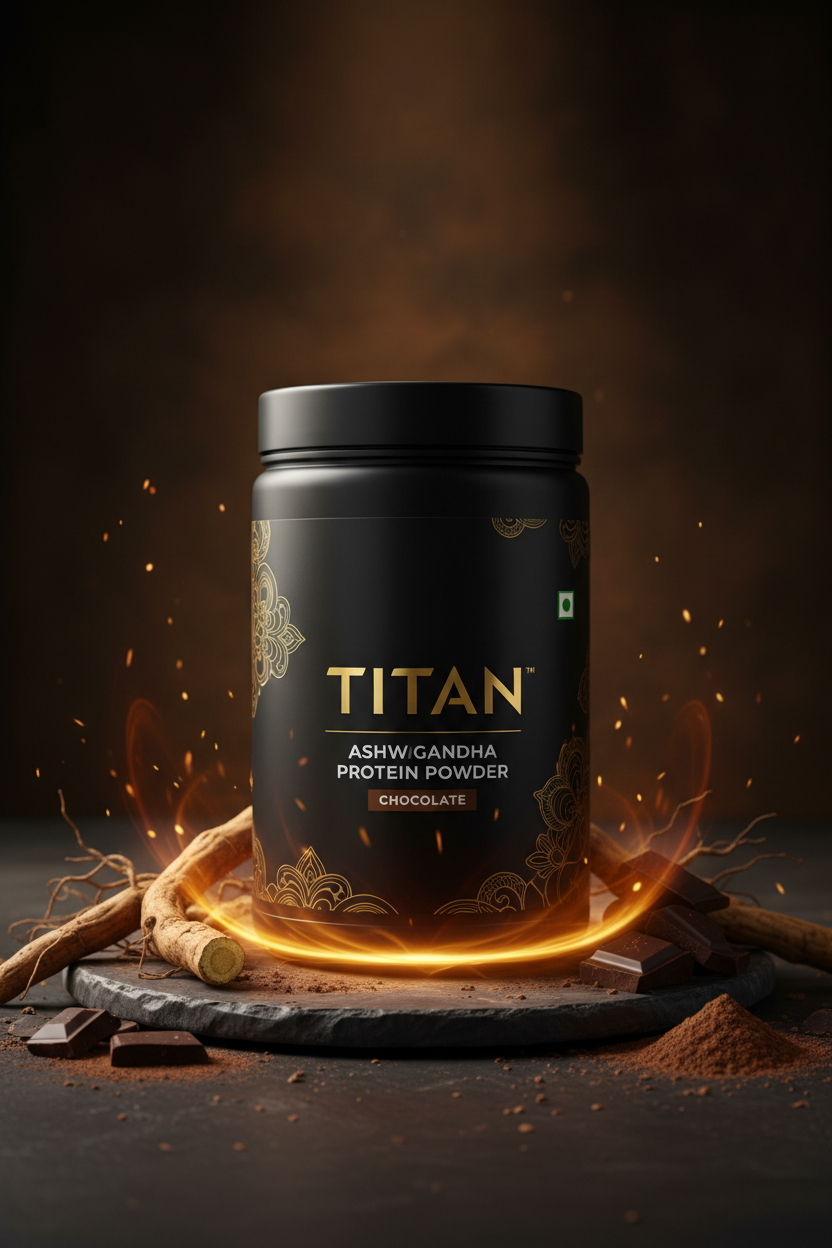 TITAN Ashwagandha Protein Powder Chocolate — powerful ancient Ayurvedic warrior canister with gnarled ashwagandha root, dark chocolate chunks and deep earthy amber warrior energy