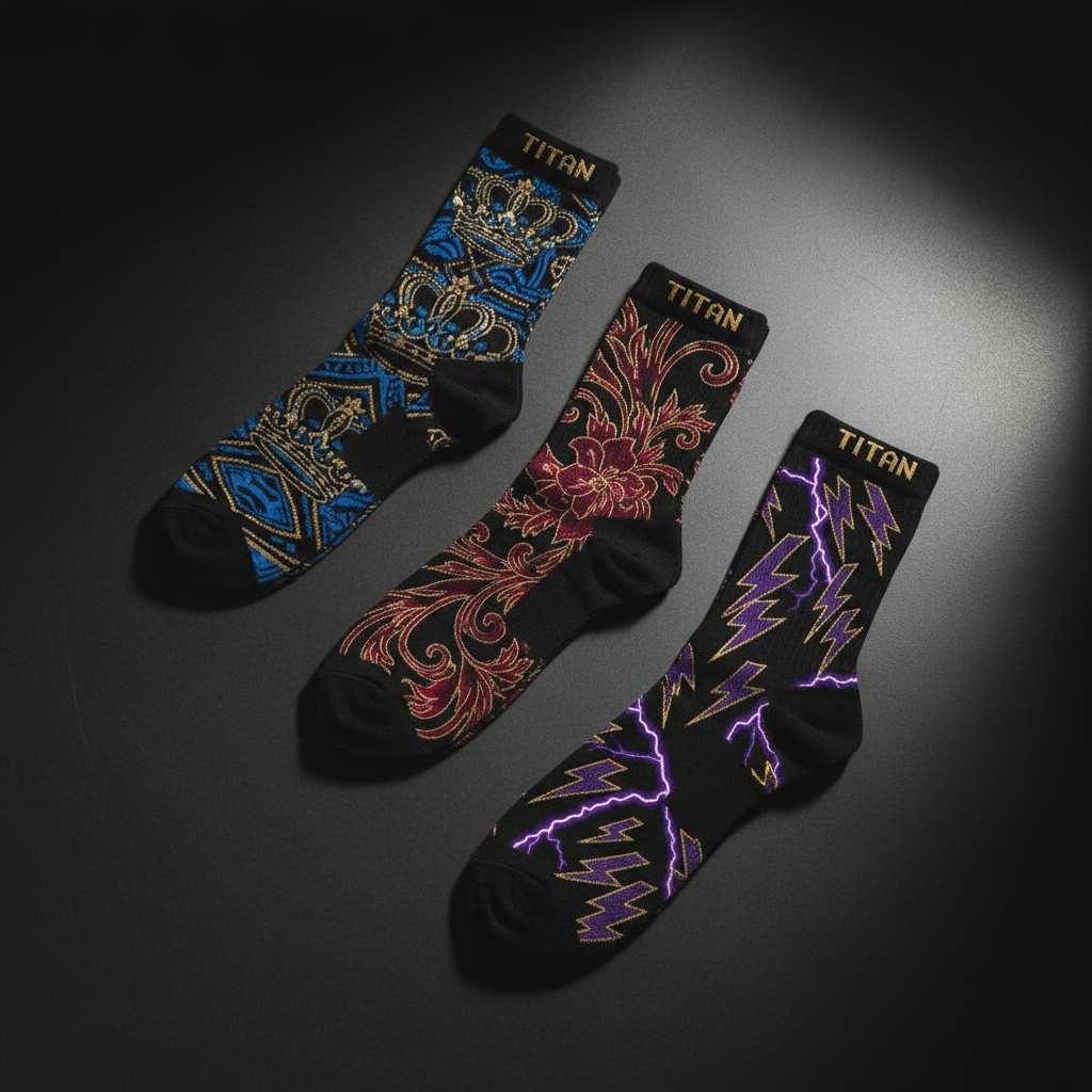 TITAN Printed Socks 3-Pack — Three pairs with unique tattoo-style crown, floral and lightning designs in royal blue, crimson and electric purple
