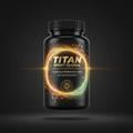 TITAN SAMe black glass bottle with 24K gold accents and flowing golden methyl molecular structures with warm amber and jade green wellness artwork