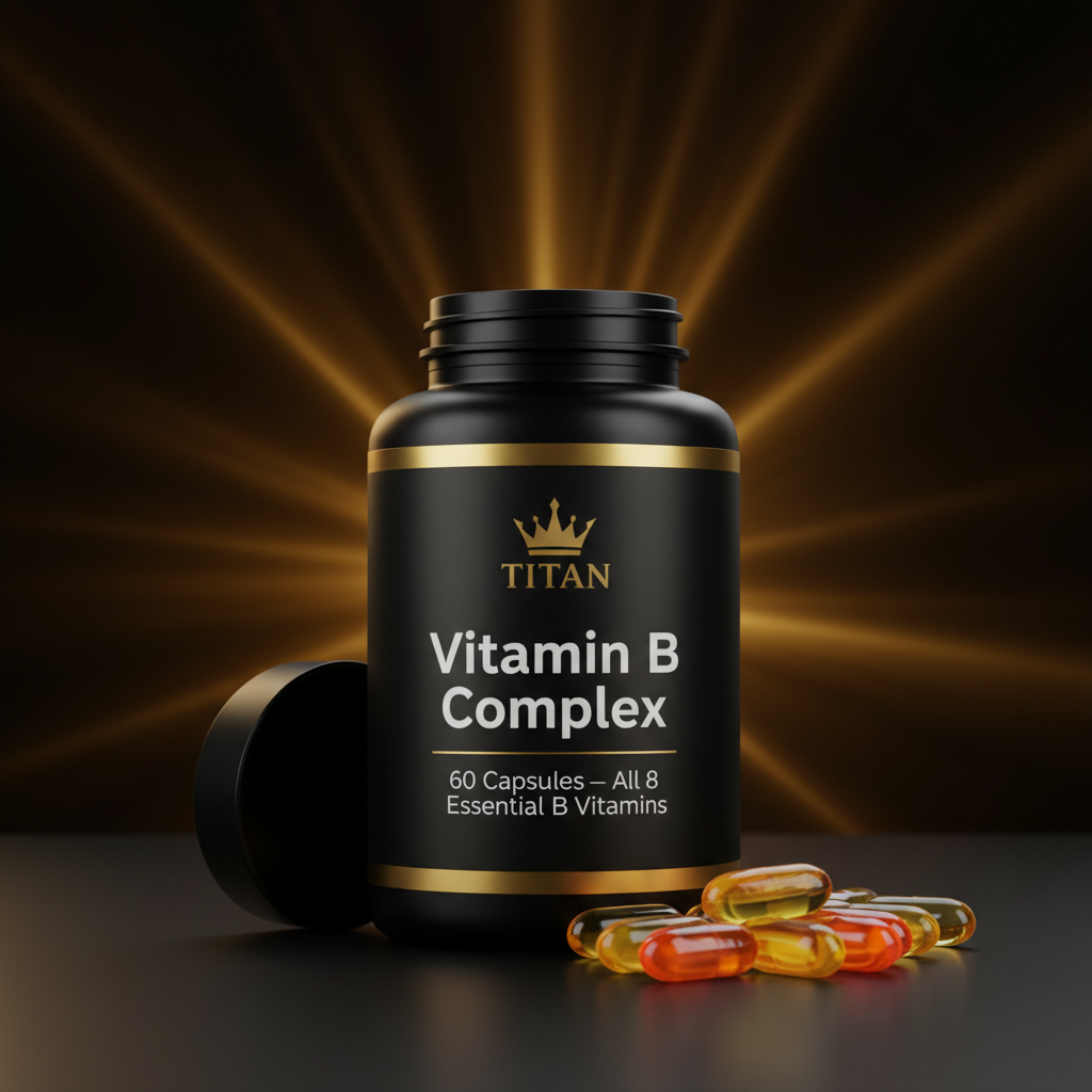 TITAN Vitamin B Complex Capsules — Matte black bottle with gold crown logo and B vitamin capsules