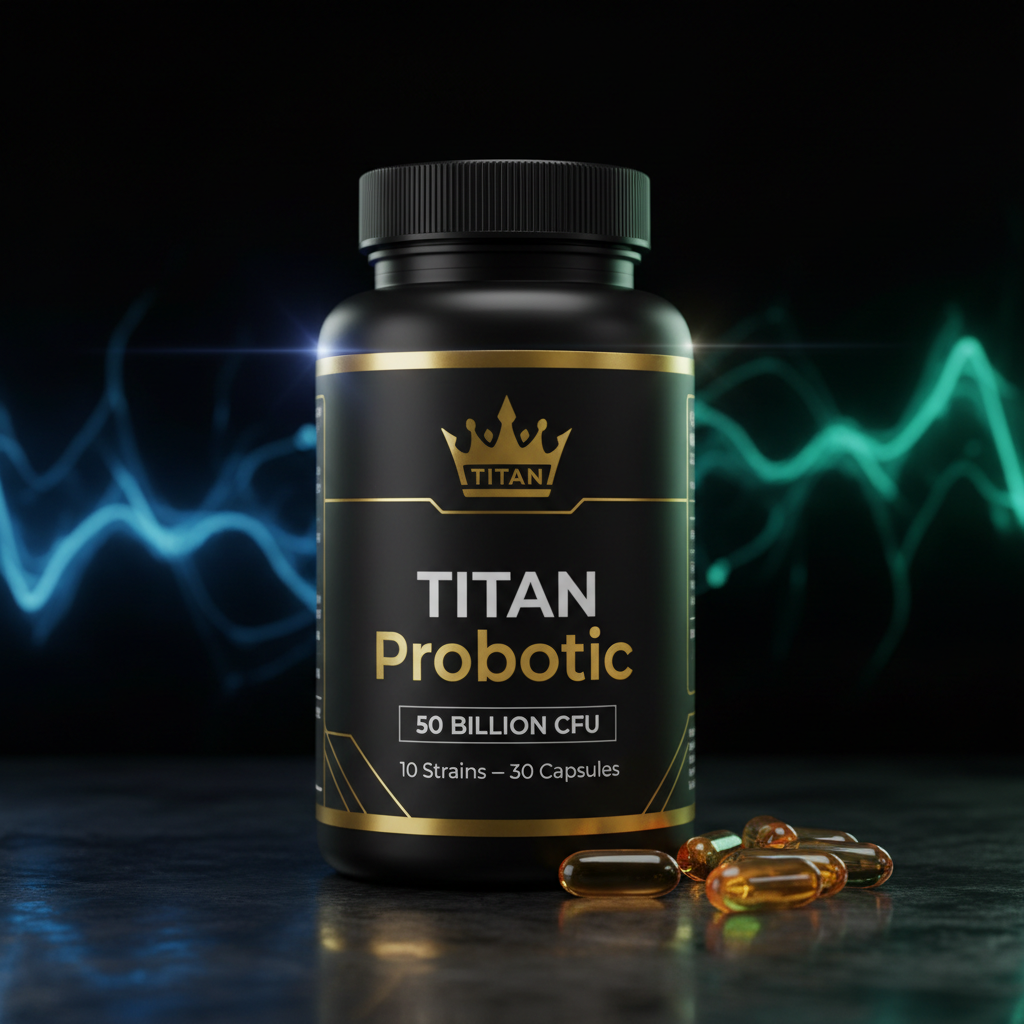 TITAN Probiotic 50 Billion CFU Capsules — Matte black bottle with gold crown logo and delayed-release capsules