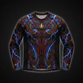 TITAN Printed Long Sleeve Compression Shirt — Geometric tribal tattoo-style artwork in crimson and royal blue with gold crown accents