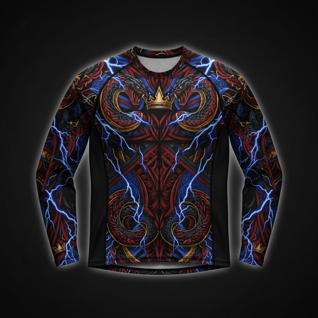 TITAN Printed Long Sleeve Compression Shirt — Geometric tribal tattoo-style artwork in crimson and royal blue with gold crown accents