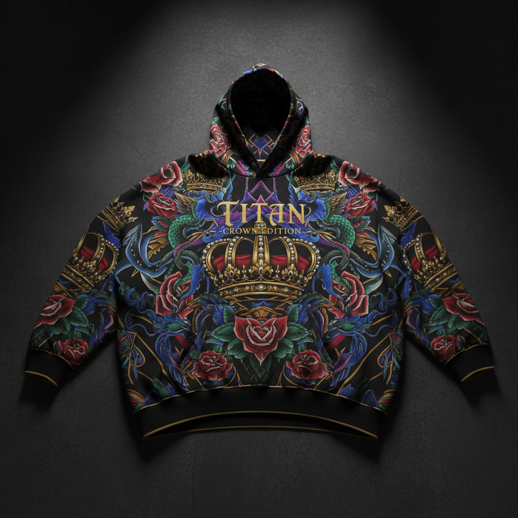TITAN Women's Oversized Hoodie - Crown Edition tattoo-style artwork