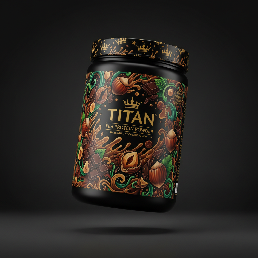 TITAN Pea Protein Powder — Hazelnut Chocolate, Crown Edition tattoo-style artwork