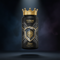 TITAN Zinc supplement bottle with Crown Edition matte black and gold packaging featuring geometric shield crest and armor plate artwork in silver and steel blue