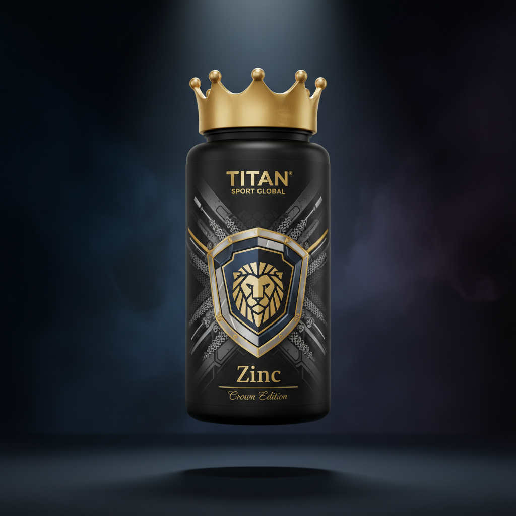 TITAN Zinc supplement bottle with Crown Edition matte black and gold packaging featuring geometric shield crest and armor plate artwork in silver and steel blue