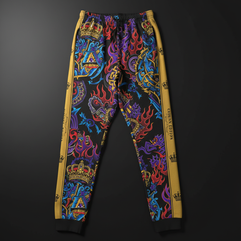 TITAN Crown Edition Tattoo Art Men's Contrast Panel Lounge Joggers - bold colorful tattoo artwork on matte black fabric with gold panels