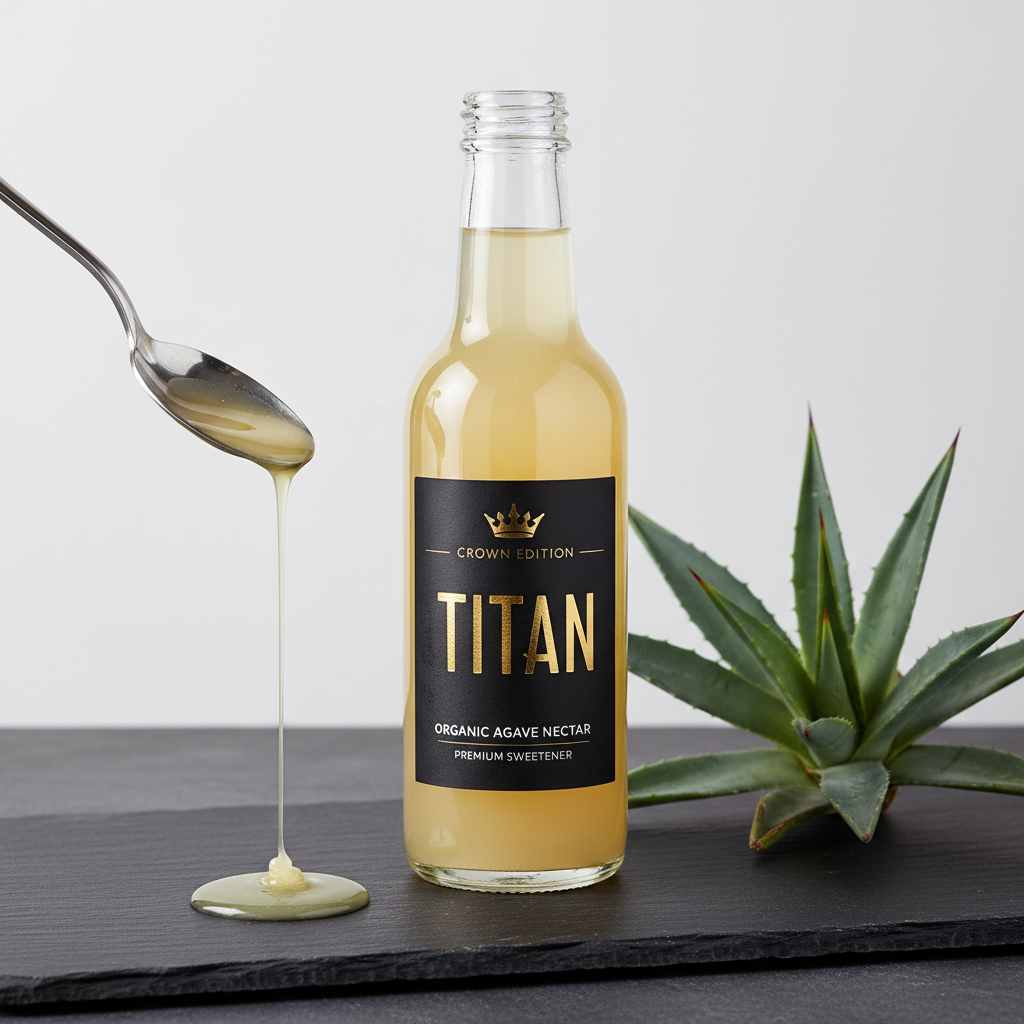 TITAN Organic Agave Nectar Light Crown Edition — premium clear glass bottle product shot