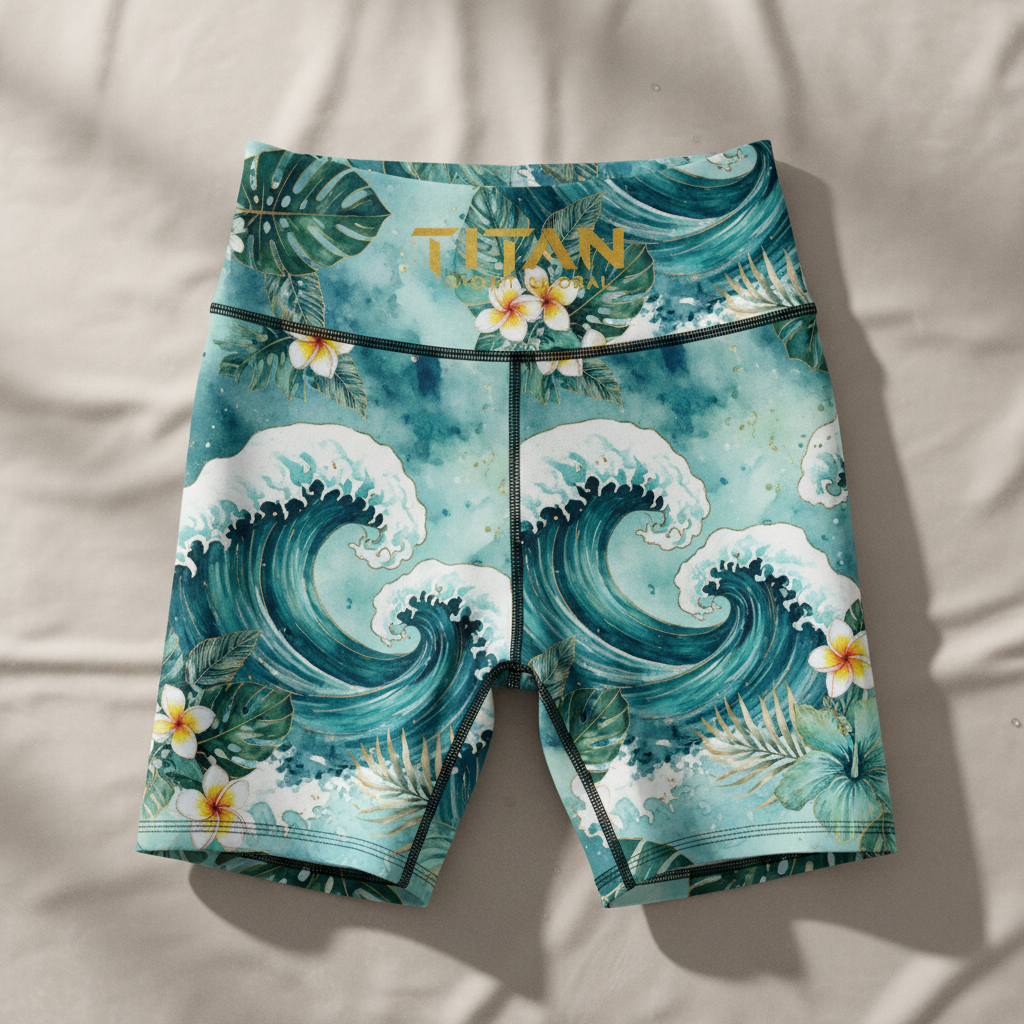 TITAN Women's Athletic Biker Shorts — Ocean Wave Watercolor Design