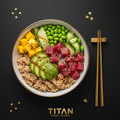 TITAN Hawaiian Ahi Tuna Poke Protein Bowl Breakfast flat lay dark luxury