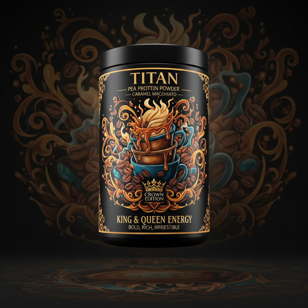 TITAN Pea Protein Powder — Caramel Macchiato, Crown Edition tattoo-style artwork
