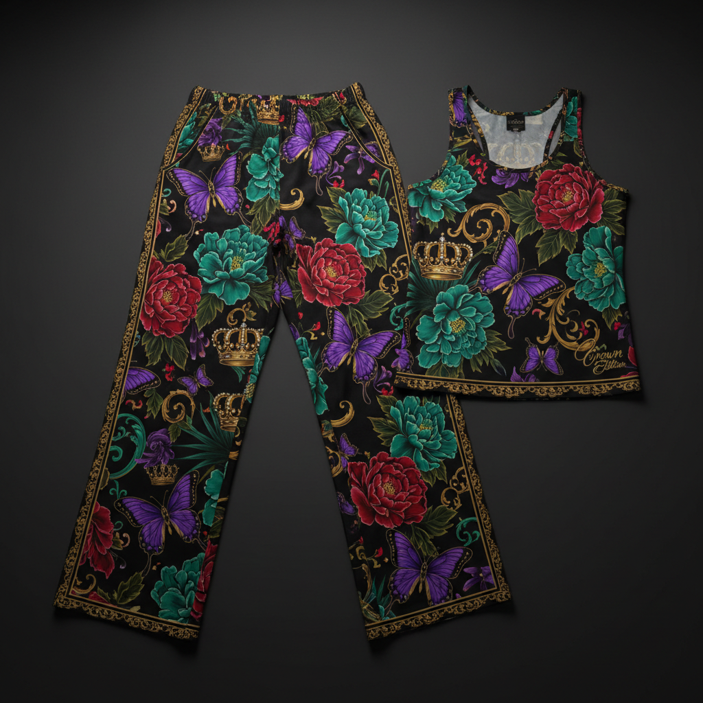 TITAN Crown Edition Tattoo Art Women's Lounge Matching Set - bold colorful tattoo artwork on matte black fabric