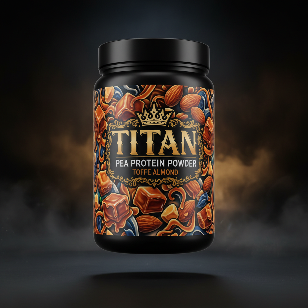 TITAN Pea Protein Powder — Toffee Almond, Crown Edition tattoo-style artwork