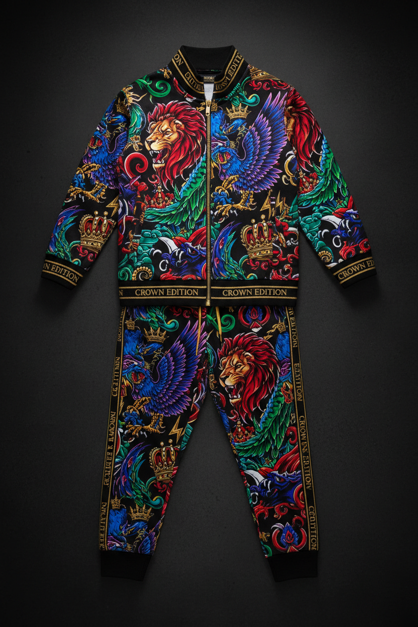 TITAN Kids Crown Edition Athletic Suit — bold tattoo-style two-piece set for children