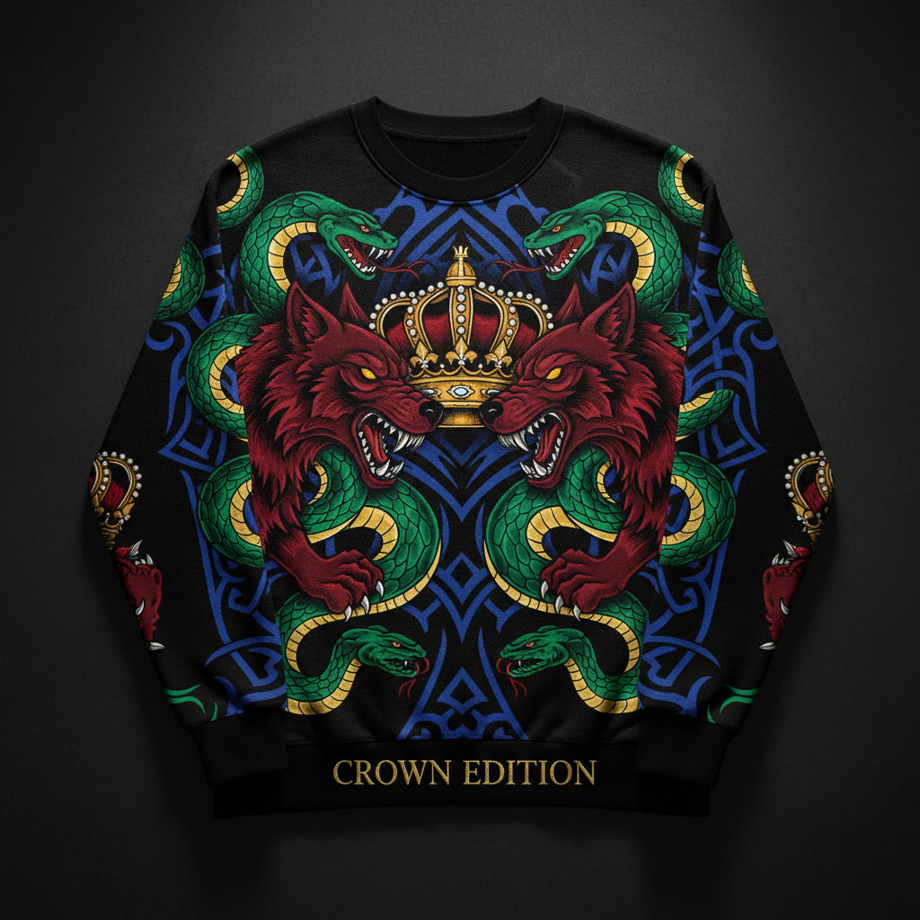 TITAN Crown Edition Tattoo Art Men's Lounge Crewneck - bold colorful tattoo artwork on matte black fabric