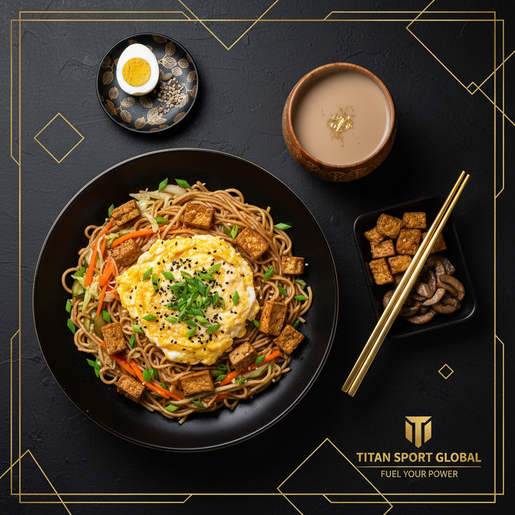 TITAN Mongolian Egg Noodle Power Breakfast flat lay dark luxury