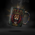 TITAN Coffee Mug 15oz with crown and lion tattoo-style Crown Edition artwork in crimson, blue and gold